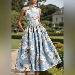 Floral Blue and Brown Dress #129